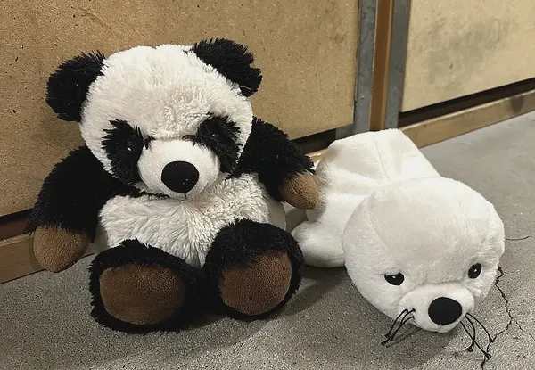 2 Plüschtiere Panda und Robbe